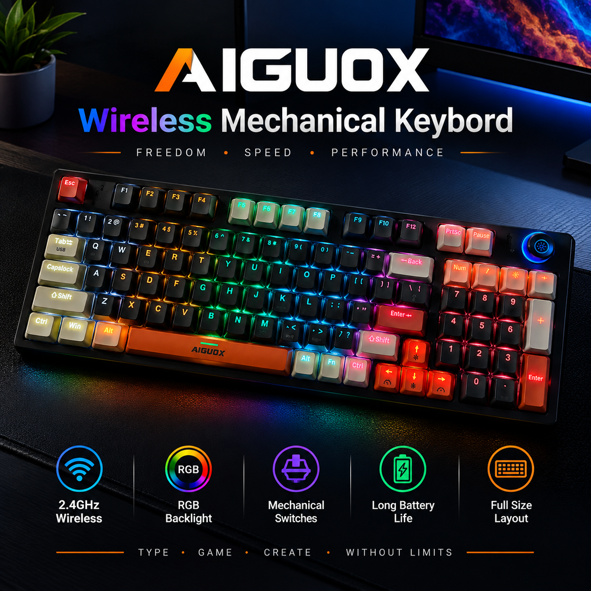 Aiguox Wireless Mechanical Gaming Keyboard with 96 Keys, RGB Backlit Lighting, Blue Switches, Compact Layout ,Tri-mode Connectivity